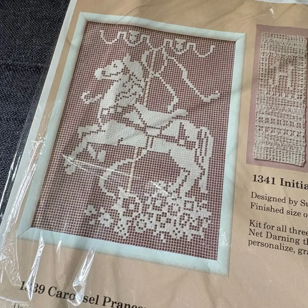 Carousel Prancer Vintage Lace Net Darning Kit by The Creative Circle 1988 Horse